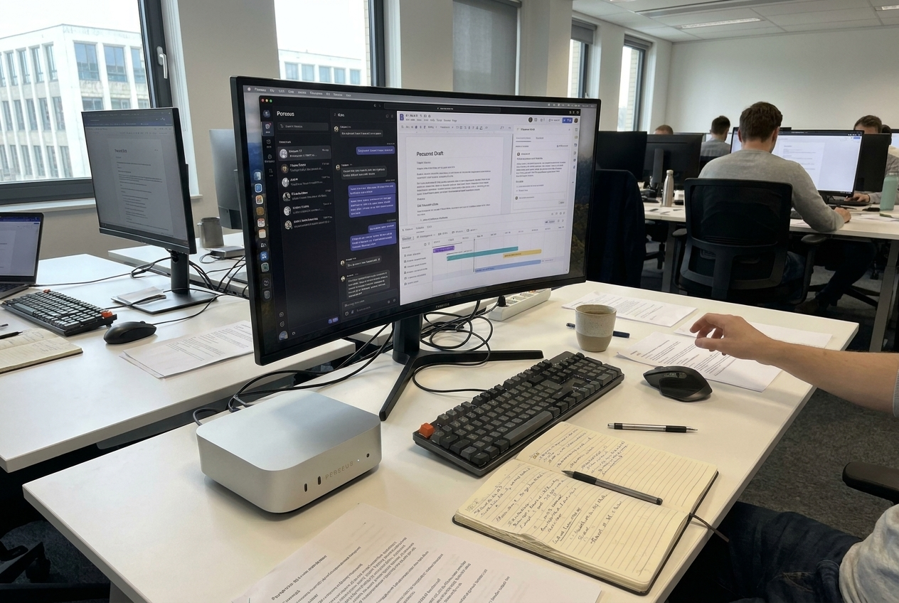 A Perseus unit on a desk in a busy office, connected to a large monitor