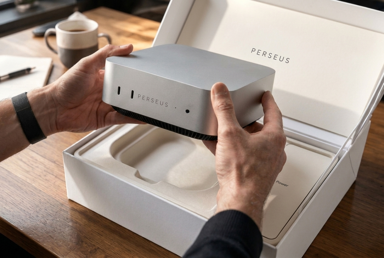 Hands lifting the Perseus unit out of its presentation box