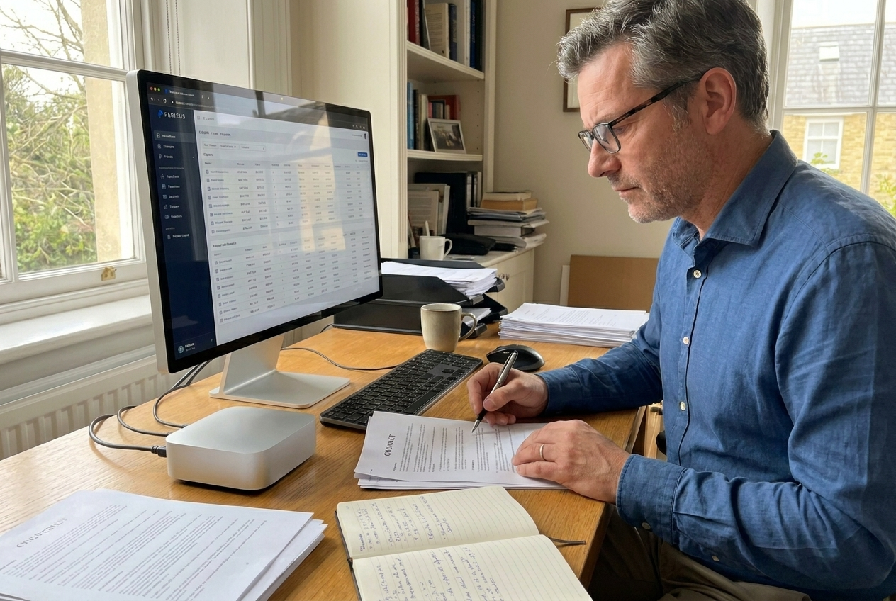 A solicitor reviewing printed client documents at his desk beside a monitor running the Perseus app