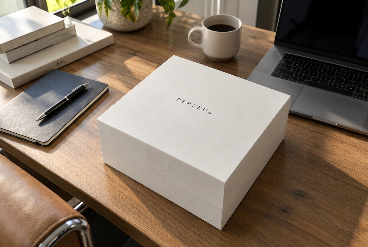 The white Perseus presentation box sitting on a desk