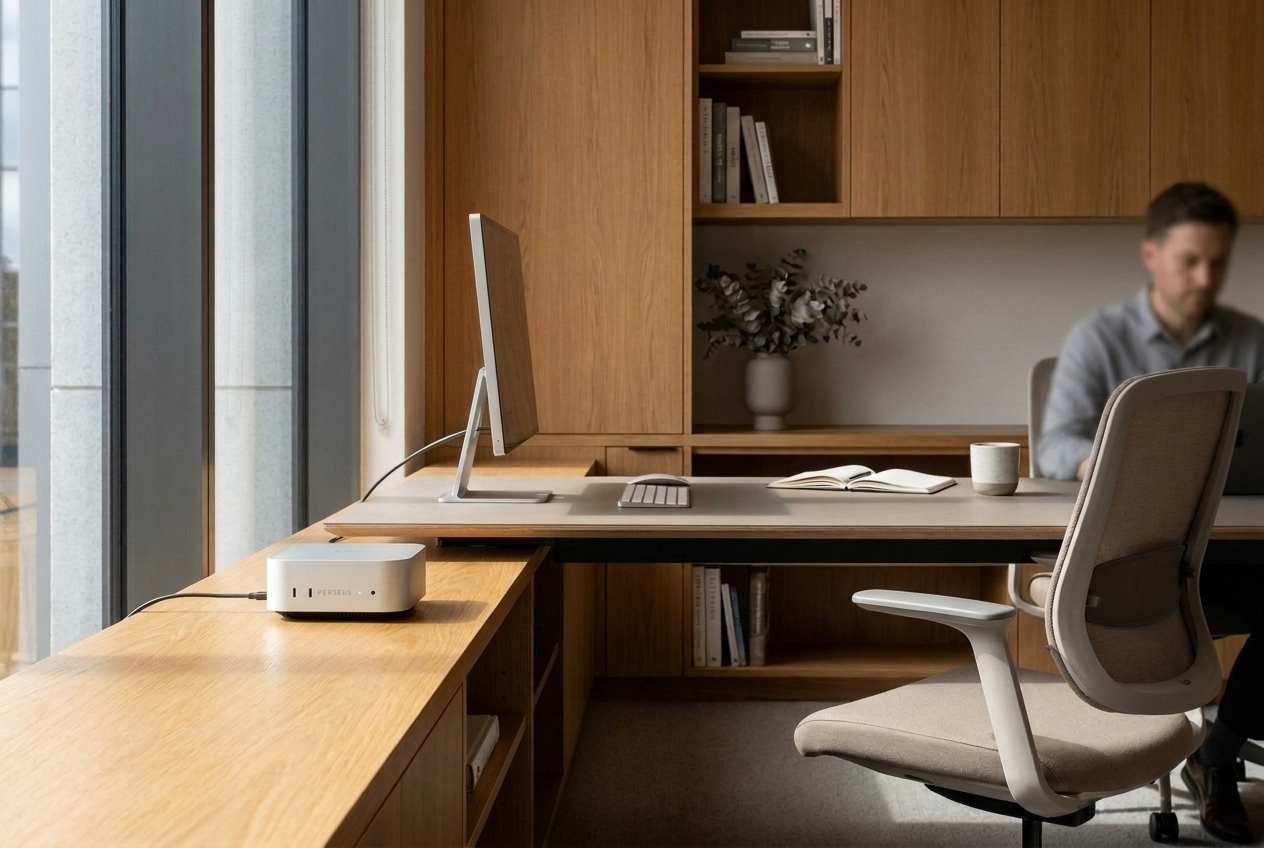 A Perseus unit on a wooden sideboard by the window in a calm office