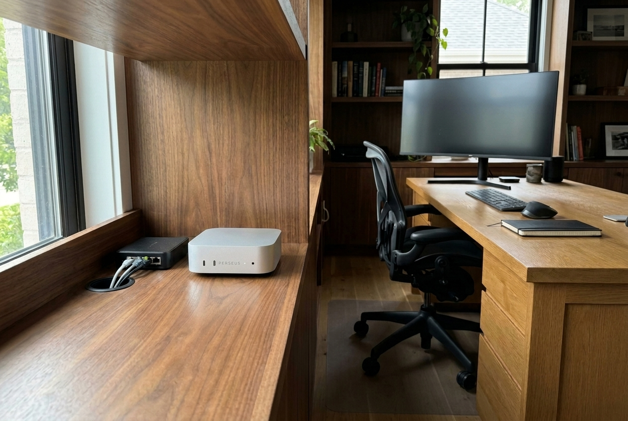 The Perseus unit on a shelf in a small office, next to the router