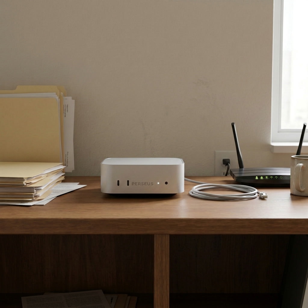 A Perseus unit on a desk beside a router and a stack of client files