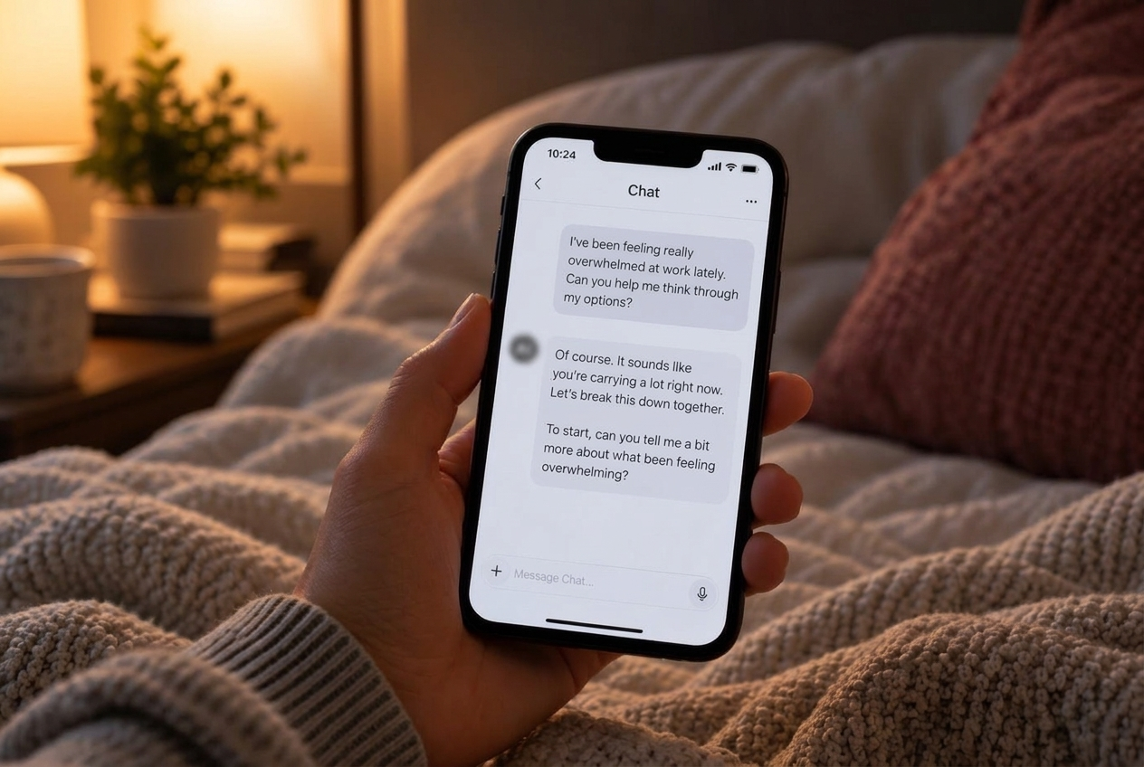 A hand holding a phone showing a personal conversation with an AI chat app