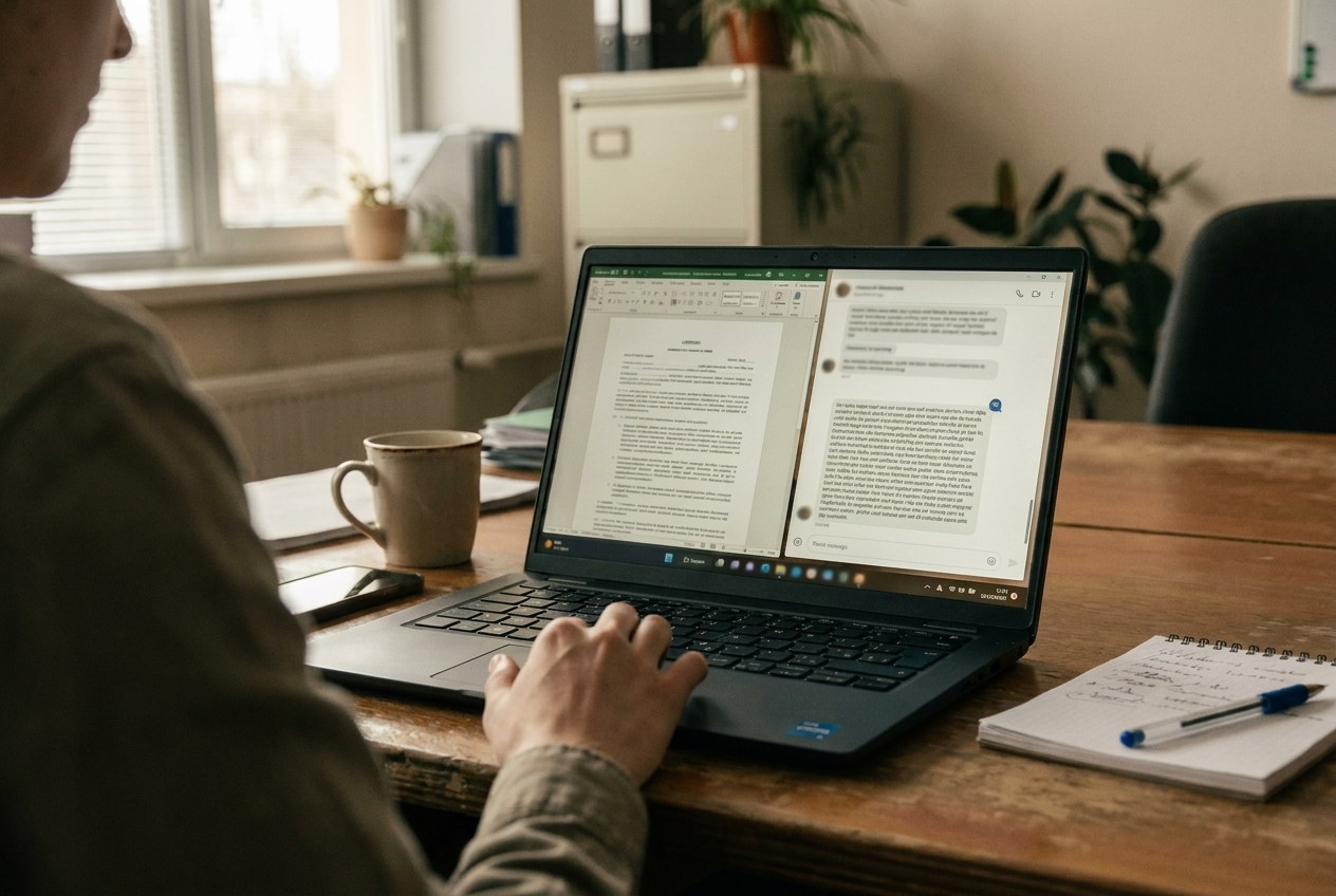 Someone at a desk pasting a client document into a chat window on their laptop