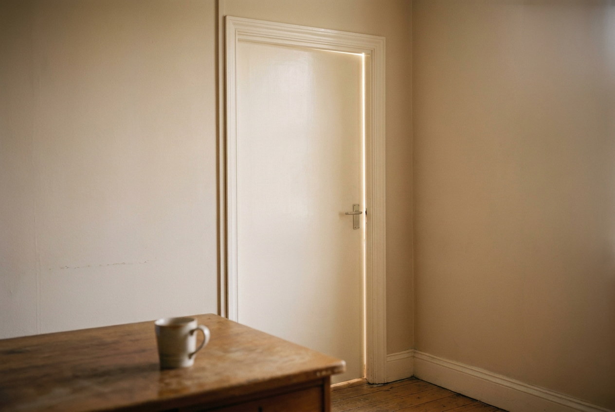 A closed office door with daylight along its edge